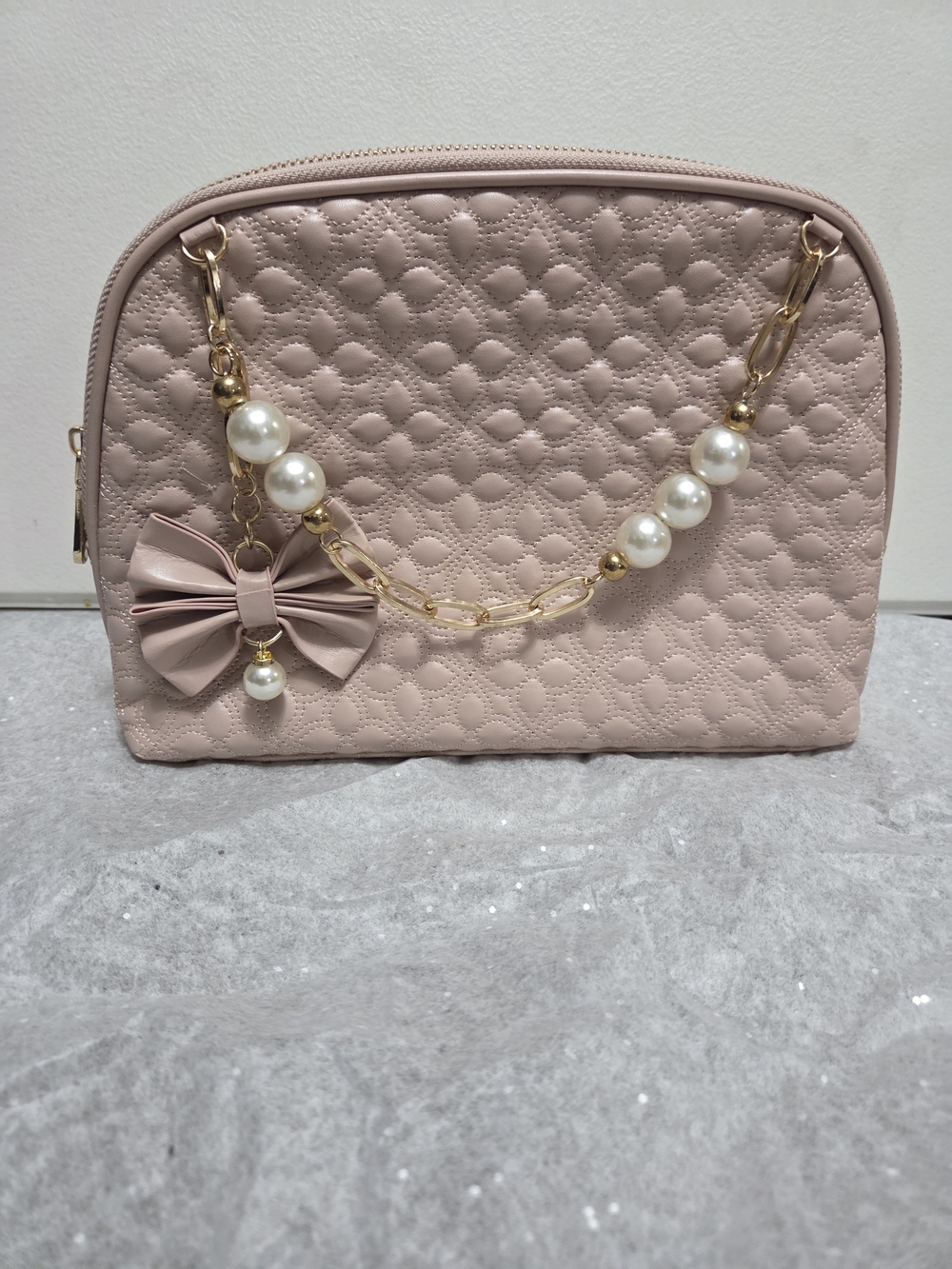 Vince Camuto Pink Quilted Pearl & Bow Vanity Cosmetic Bag